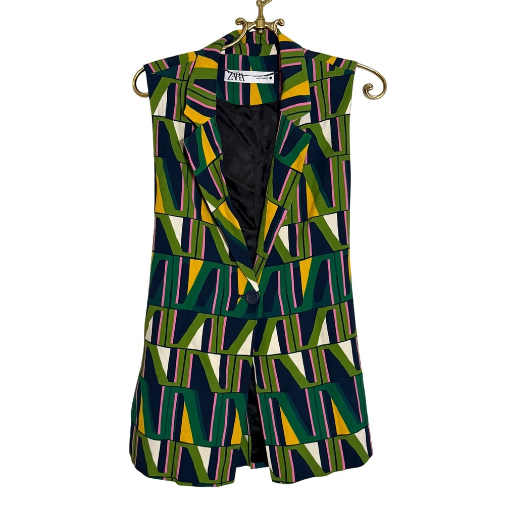 Zara Womens Geometric Abstract Print Sleeveless Blazer Longline Vest Green Small